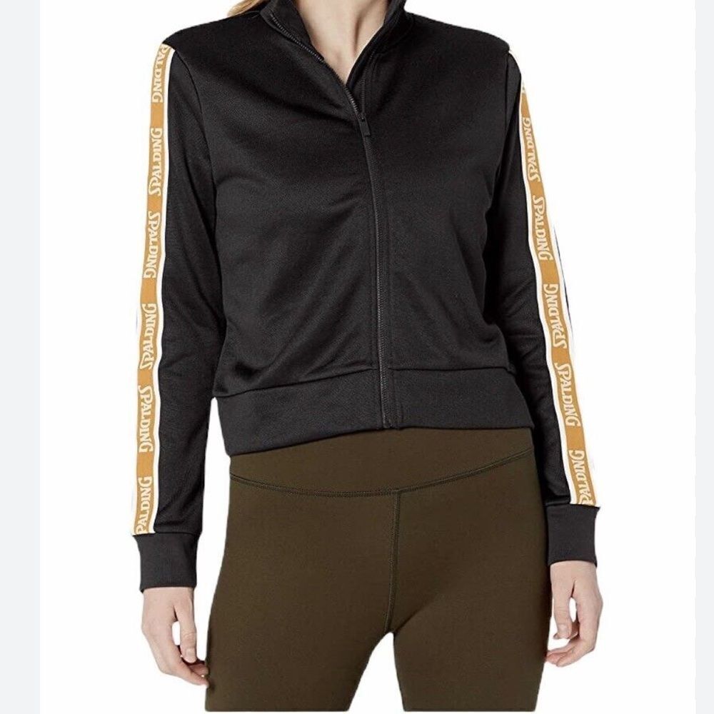 Spalding Track Jacket Sz Large Full Zip Cropped Logo Sleevees Black Yellow